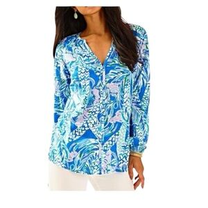 Lilly Pulitzer Blue and Green Pineapple Tree Patterned Top Size XS